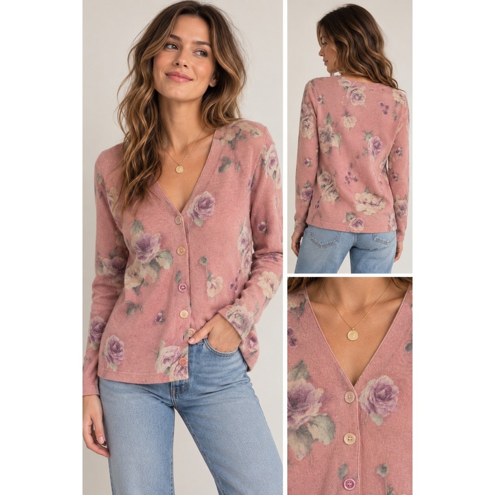 Gabrielle T Cardigan S Pink Floral Merino Wool Made in Italy V-Neck Cottagecore